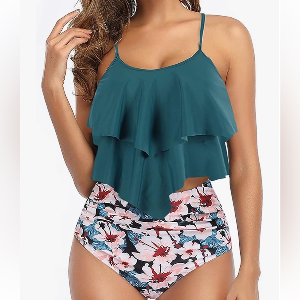 Womens Green and Floral High Waisted Tankini Swimsuit
